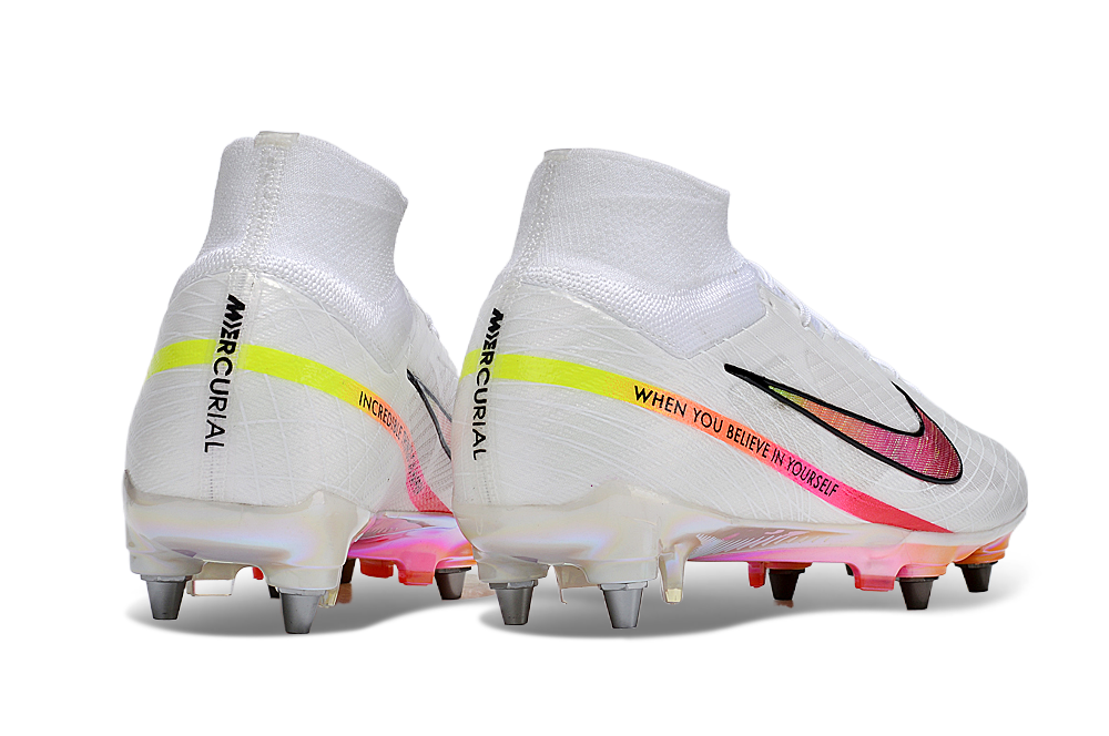 Nike Air Zoom Mercurial Superfly IX Elite SG Blanco / Rosado caña alta con tacos móviles para la Copa del Mundo 3 Nike Air Zoom Mercurial Superfly IX Elite SG Blanco / Rosado caña alta con tacos móviles para la Copa del Mundo