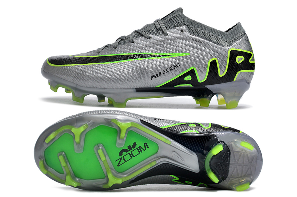 Nike Air Zoom Mercurial Vapor 15 Elite XXV FG en color gris y verde.
