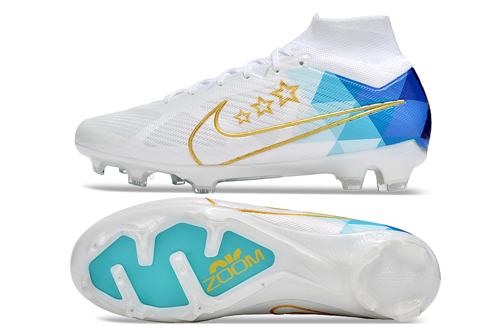Nike Zoom Superfly 9 Elite MR FG color blanco, azul y dorado